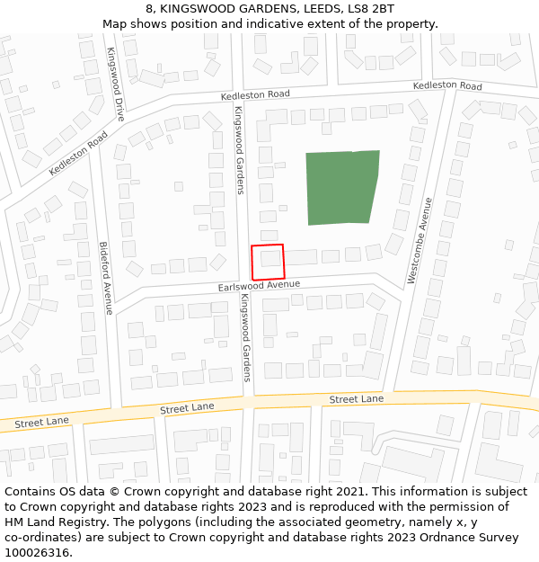 8, KINGSWOOD GARDENS, LEEDS, LS8 2BT: Location map and indicative extent of plot