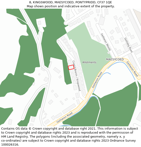 8, KINGSWOOD, MAESYCOED, PONTYPRIDD, CF37 1QE: Location map and indicative extent of plot
