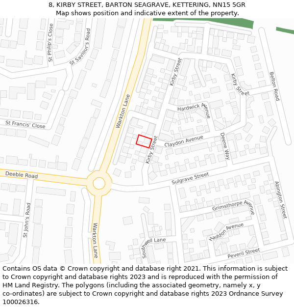 8, KIRBY STREET, BARTON SEAGRAVE, KETTERING, NN15 5GR: Location map and indicative extent of plot