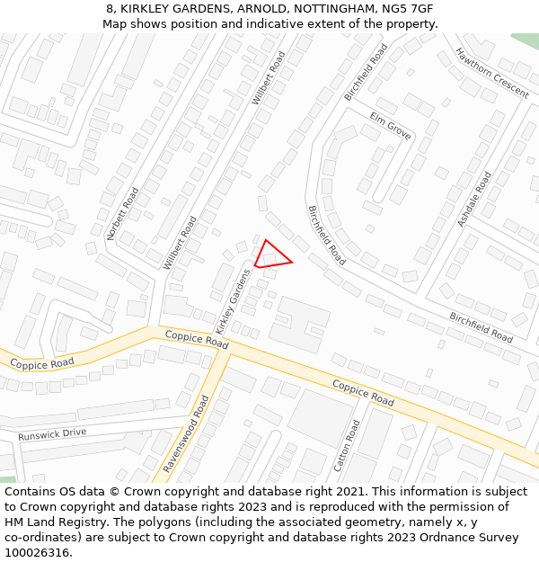 8, KIRKLEY GARDENS, ARNOLD, NOTTINGHAM, NG5 7GF: Location map and indicative extent of plot