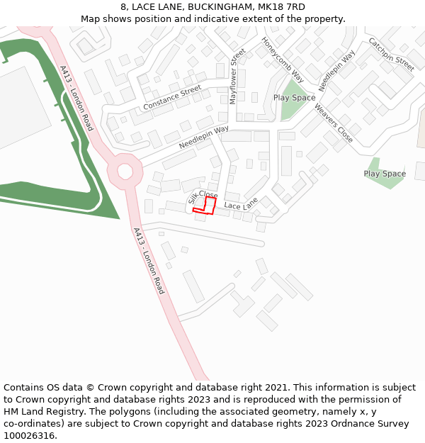 8, LACE LANE, BUCKINGHAM, MK18 7RD: Location map and indicative extent of plot