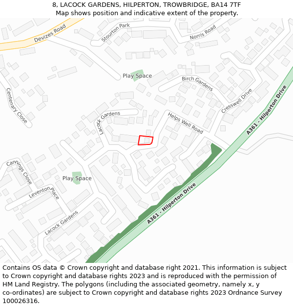 8, LACOCK GARDENS, HILPERTON, TROWBRIDGE, BA14 7TF: Location map and indicative extent of plot