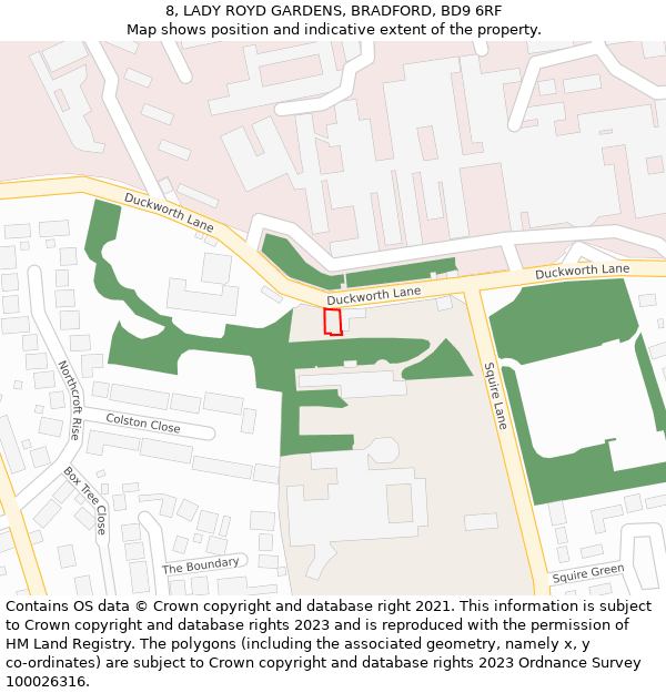 8, LADY ROYD GARDENS, BRADFORD, BD9 6RF: Location map and indicative extent of plot