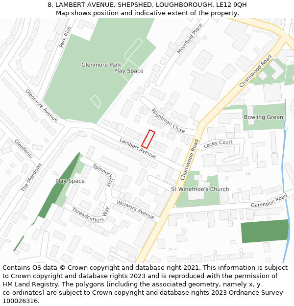 8, LAMBERT AVENUE, SHEPSHED, LOUGHBOROUGH, LE12 9QH: Location map and indicative extent of plot