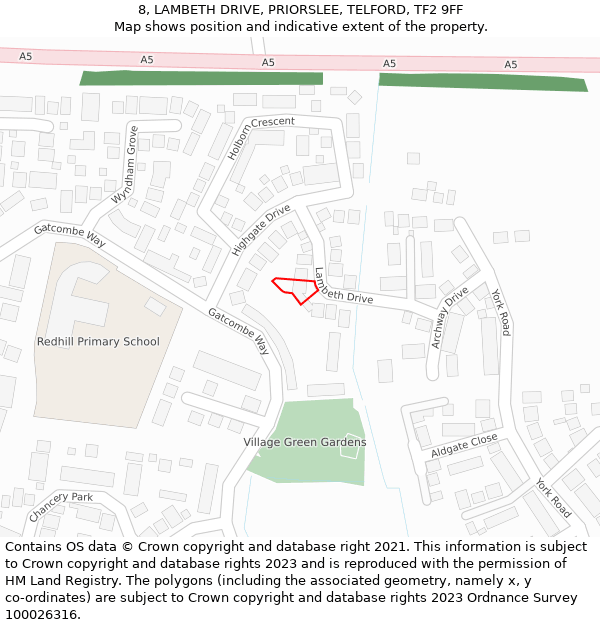 8, LAMBETH DRIVE, PRIORSLEE, TELFORD, TF2 9FF: Location map and indicative extent of plot