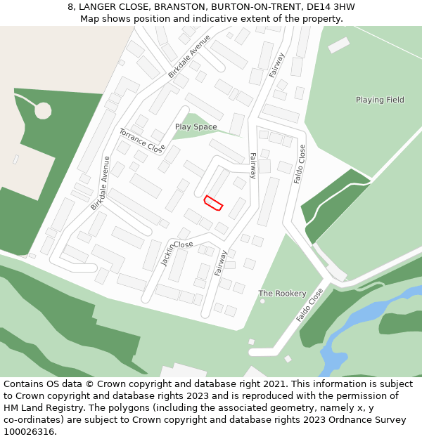 8, LANGER CLOSE, BRANSTON, BURTON-ON-TRENT, DE14 3HW: Location map and indicative extent of plot