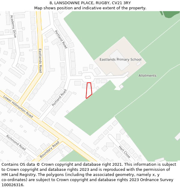 8, LANSDOWNE PLACE, RUGBY, CV21 3RY: Location map and indicative extent of plot
