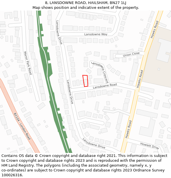 8, LANSDOWNE ROAD, HAILSHAM, BN27 1LJ: Location map and indicative extent of plot