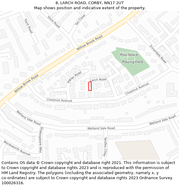 8, LARCH ROAD, CORBY, NN17 2UT: Location map and indicative extent of plot