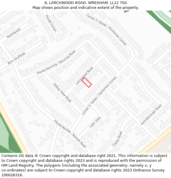 8, LARCHWOOD ROAD, WREXHAM, LL12 7SG: Location map and indicative extent of plot