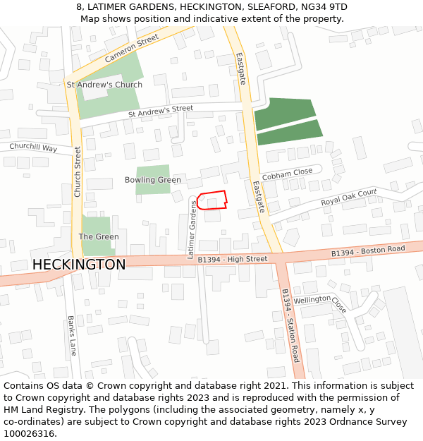 8, LATIMER GARDENS, HECKINGTON, SLEAFORD, NG34 9TD: Location map and indicative extent of plot