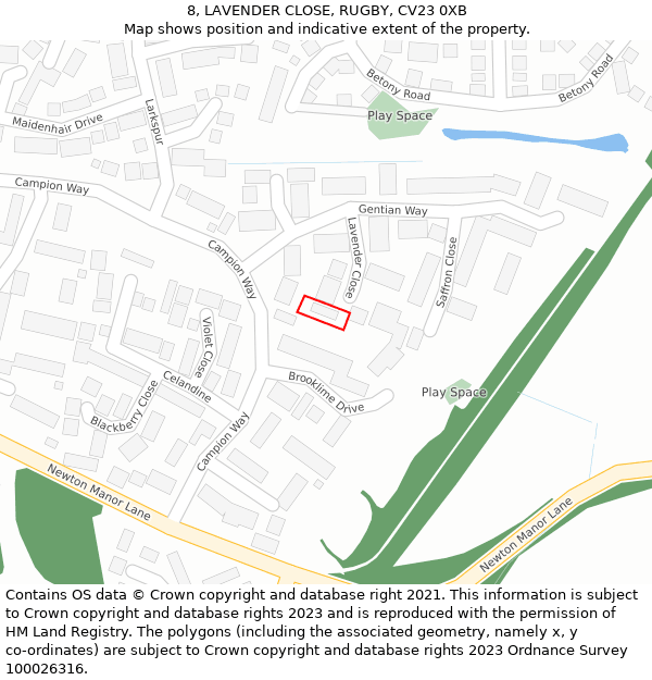 8, LAVENDER CLOSE, RUGBY, CV23 0XB: Location map and indicative extent of plot