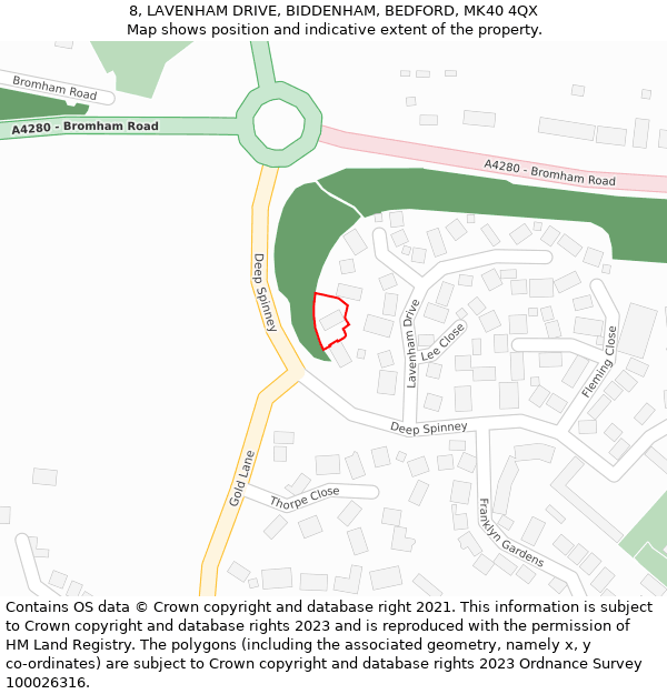 8, LAVENHAM DRIVE, BIDDENHAM, BEDFORD, MK40 4QX: Location map and indicative extent of plot