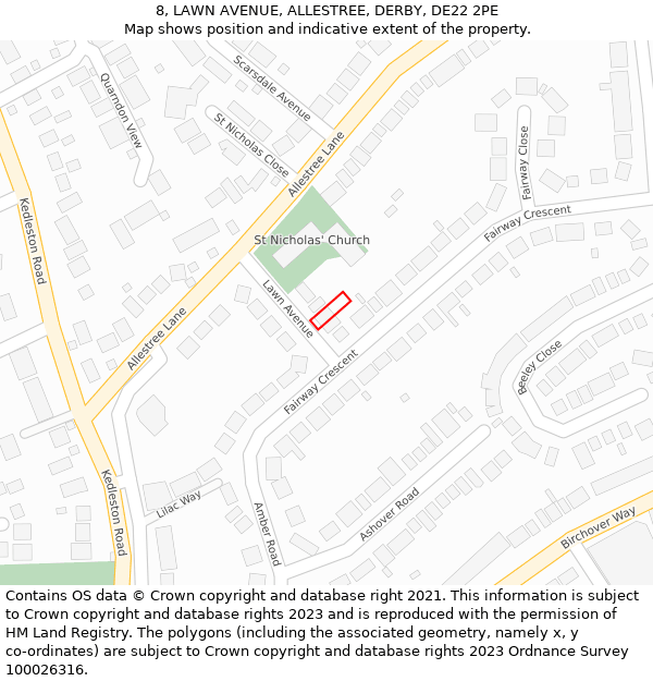 8, LAWN AVENUE, ALLESTREE, DERBY, DE22 2PE: Location map and indicative extent of plot