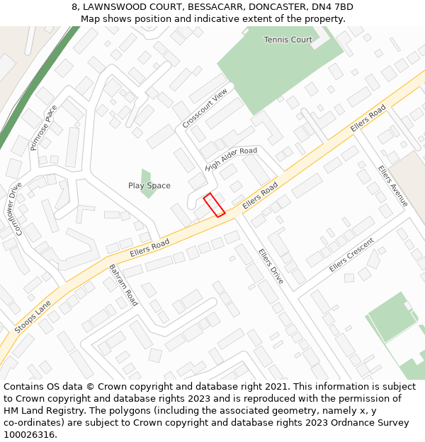 8, LAWNSWOOD COURT, BESSACARR, DONCASTER, DN4 7BD: Location map and indicative extent of plot