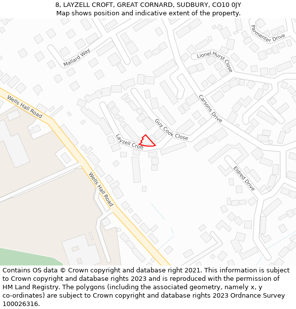 8, LAYZELL CROFT, GREAT CORNARD, SUDBURY, CO10 0JY: Location map and indicative extent of plot