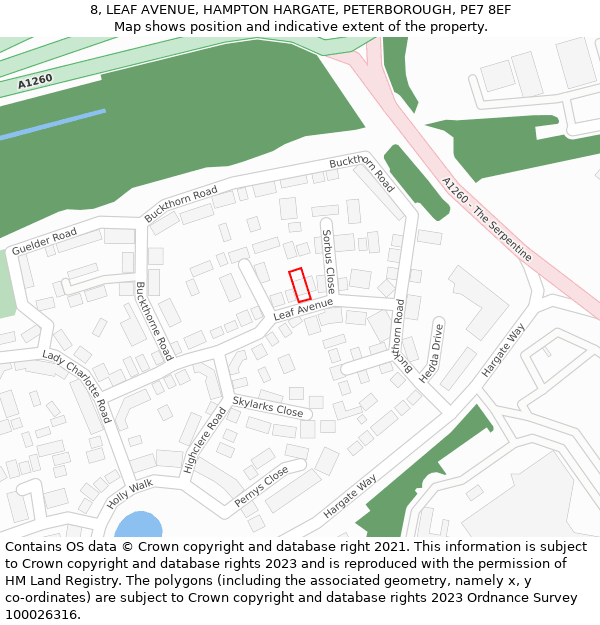 8, LEAF AVENUE, HAMPTON HARGATE, PETERBOROUGH, PE7 8EF: Location map and indicative extent of plot