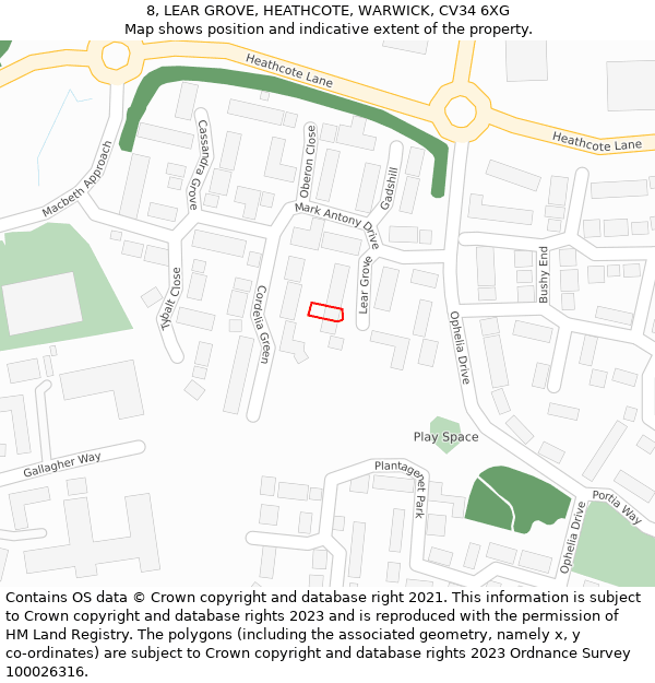 8, LEAR GROVE, HEATHCOTE, WARWICK, CV34 6XG: Location map and indicative extent of plot