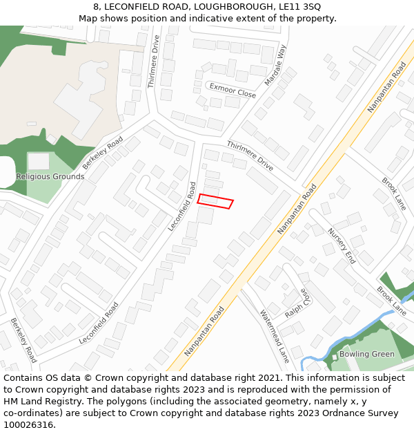 8, LECONFIELD ROAD, LOUGHBOROUGH, LE11 3SQ: Location map and indicative extent of plot