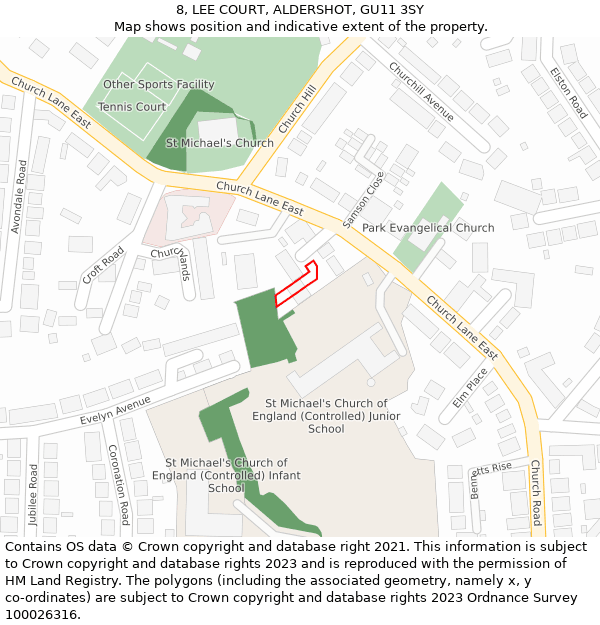 8, LEE COURT, ALDERSHOT, GU11 3SY: Location map and indicative extent of plot