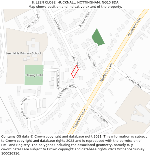 8, LEEN CLOSE, HUCKNALL, NOTTINGHAM, NG15 8DA: Location map and indicative extent of plot