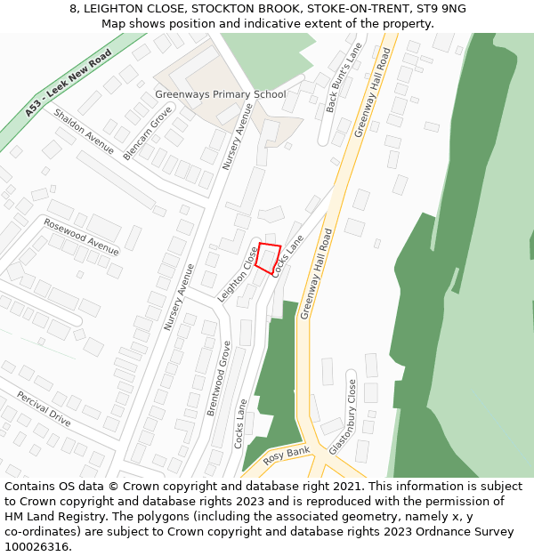 8, LEIGHTON CLOSE, STOCKTON BROOK, STOKE-ON-TRENT, ST9 9NG: Location map and indicative extent of plot