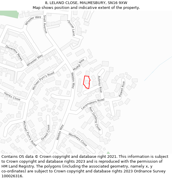 8, LELAND CLOSE, MALMESBURY, SN16 9XW: Location map and indicative extent of plot