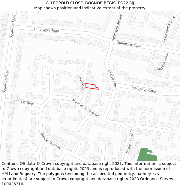 8, LEOPOLD CLOSE, BOGNOR REGIS, PO22 8JJ: Location map and indicative extent of plot