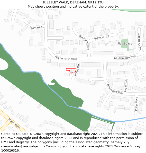 8, LESLEY WALK, DEREHAM, NR19 1TU: Location map and indicative extent of plot