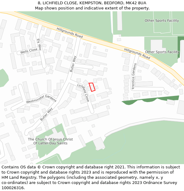 8, LICHFIELD CLOSE, KEMPSTON, BEDFORD, MK42 8UA: Location map and indicative extent of plot