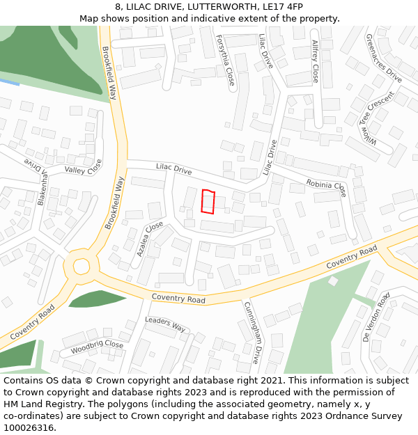 8, LILAC DRIVE, LUTTERWORTH, LE17 4FP: Location map and indicative extent of plot