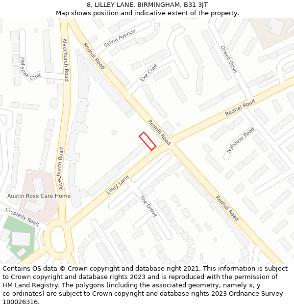 8, LILLEY LANE, BIRMINGHAM, B31 3JT: Location map and indicative extent of plot