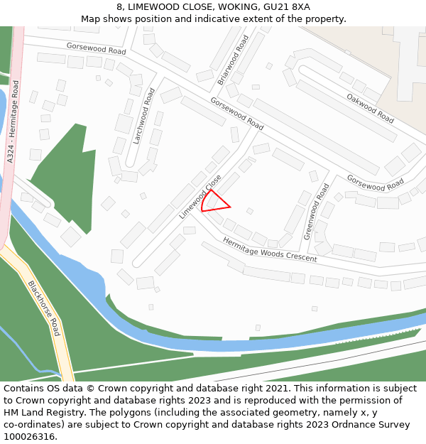 8, LIMEWOOD CLOSE, WOKING, GU21 8XA: Location map and indicative extent of plot