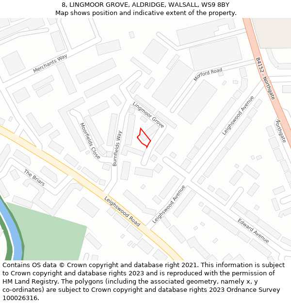 8, LINGMOOR GROVE, ALDRIDGE, WALSALL, WS9 8BY: Location map and indicative extent of plot