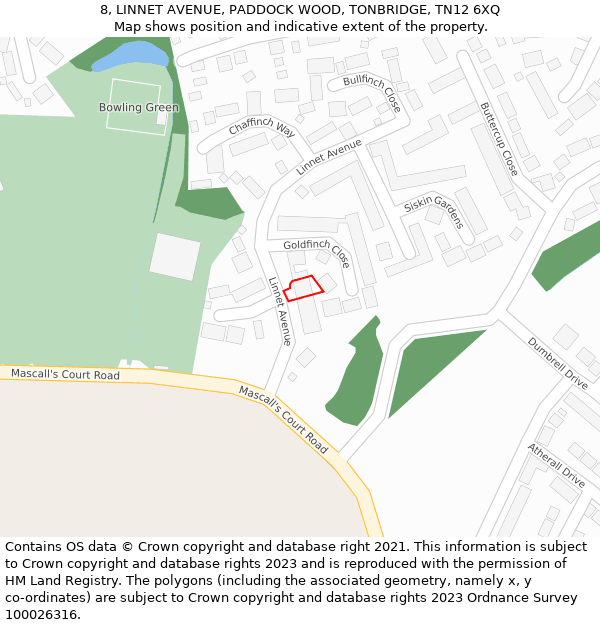8, LINNET AVENUE, PADDOCK WOOD, TONBRIDGE, TN12 6XQ: Location map and indicative extent of plot