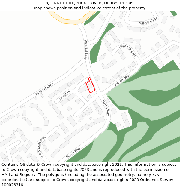 8, LINNET HILL, MICKLEOVER, DERBY, DE3 0SJ: Location map and indicative extent of plot