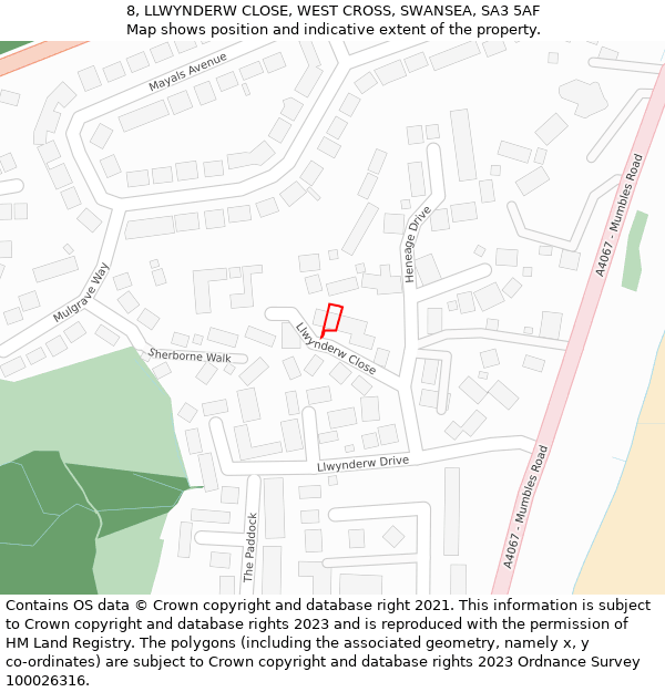 8, LLWYNDERW CLOSE, WEST CROSS, SWANSEA, SA3 5AF: Location map and indicative extent of plot