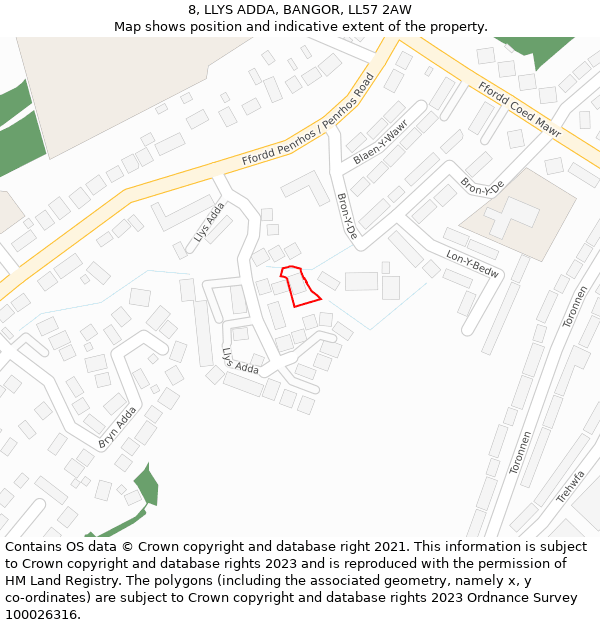 8, LLYS ADDA, BANGOR, LL57 2AW: Location map and indicative extent of plot