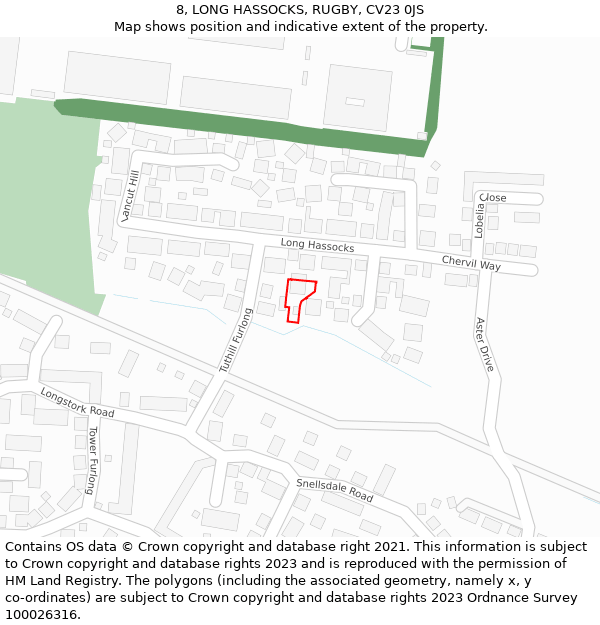 8, LONG HASSOCKS, RUGBY, CV23 0JS: Location map and indicative extent of plot