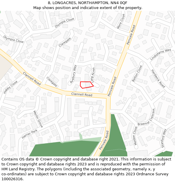 8, LONGACRES, NORTHAMPTON, NN4 0QF: Location map and indicative extent of plot