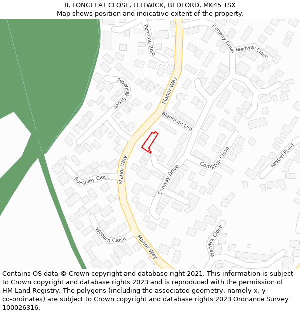 8, LONGLEAT CLOSE, FLITWICK, BEDFORD, MK45 1SX: Location map and indicative extent of plot