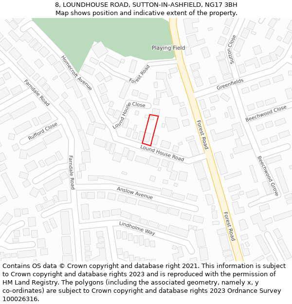 8, LOUNDHOUSE ROAD, SUTTON-IN-ASHFIELD, NG17 3BH: Location map and indicative extent of plot