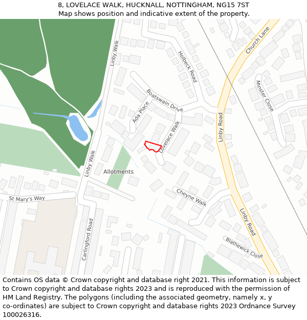 8, LOVELACE WALK, HUCKNALL, NOTTINGHAM, NG15 7ST: Location map and indicative extent of plot