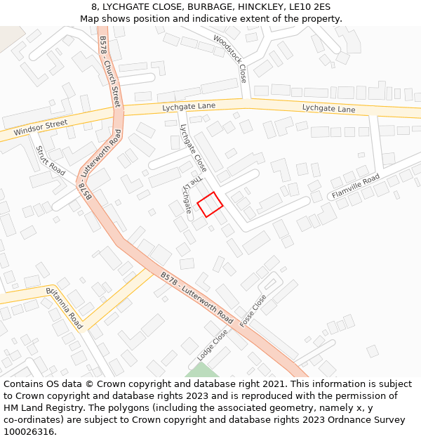 8, LYCHGATE CLOSE, BURBAGE, HINCKLEY, LE10 2ES: Location map and indicative extent of plot