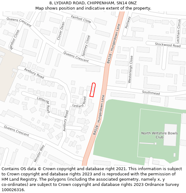 8, LYDIARD ROAD, CHIPPENHAM, SN14 0NZ: Location map and indicative extent of plot