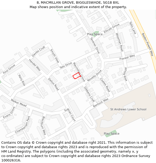 8, MACMILLAN GROVE, BIGGLESWADE, SG18 8XL: Location map and indicative extent of plot