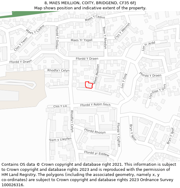 8, MAES MEILLION, COITY, BRIDGEND, CF35 6FJ: Location map and indicative extent of plot