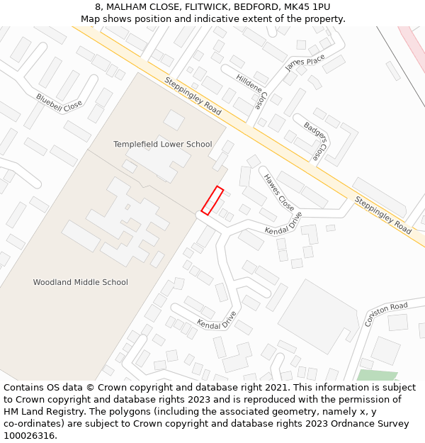 8, MALHAM CLOSE, FLITWICK, BEDFORD, MK45 1PU: Location map and indicative extent of plot