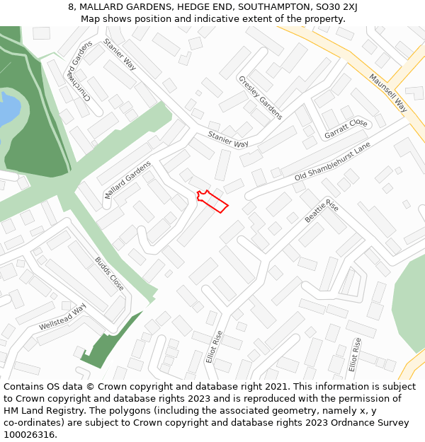 8, MALLARD GARDENS, HEDGE END, SOUTHAMPTON, SO30 2XJ: Location map and indicative extent of plot