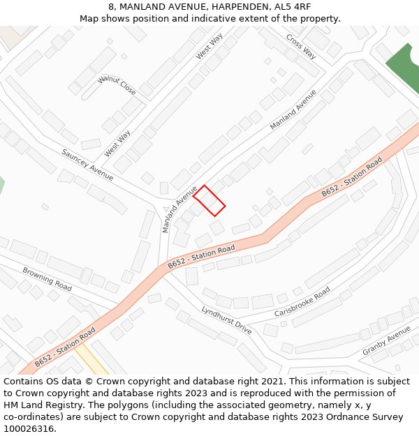 8, MANLAND AVENUE, HARPENDEN, AL5 4RF: Location map and indicative extent of plot